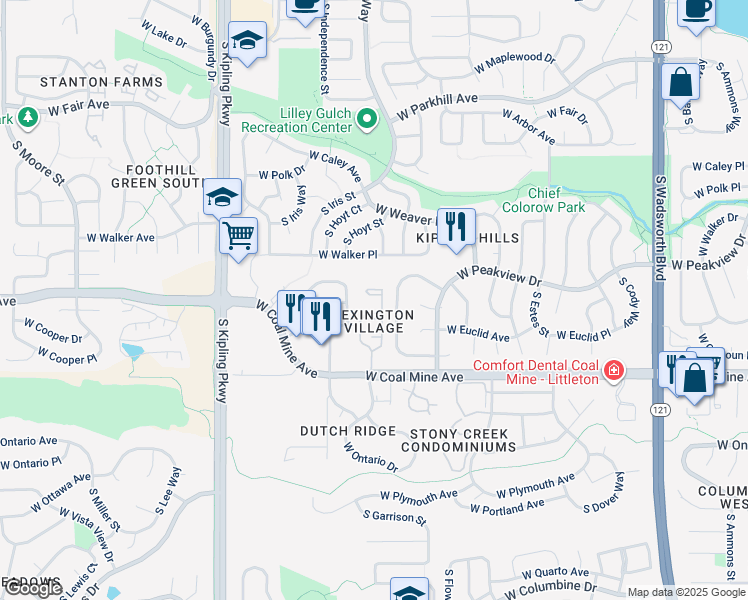 map of restaurants, bars, coffee shops, grocery stores, and more near 9517 West Ontario Drive in Littleton