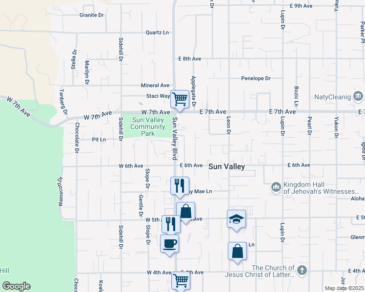 map of restaurants, bars, coffee shops, grocery stores, and more near 5625 Duclercque Way in Sun Valley
