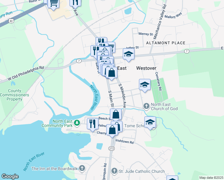 map of restaurants, bars, coffee shops, grocery stores, and more near 303 South Main Street in North East