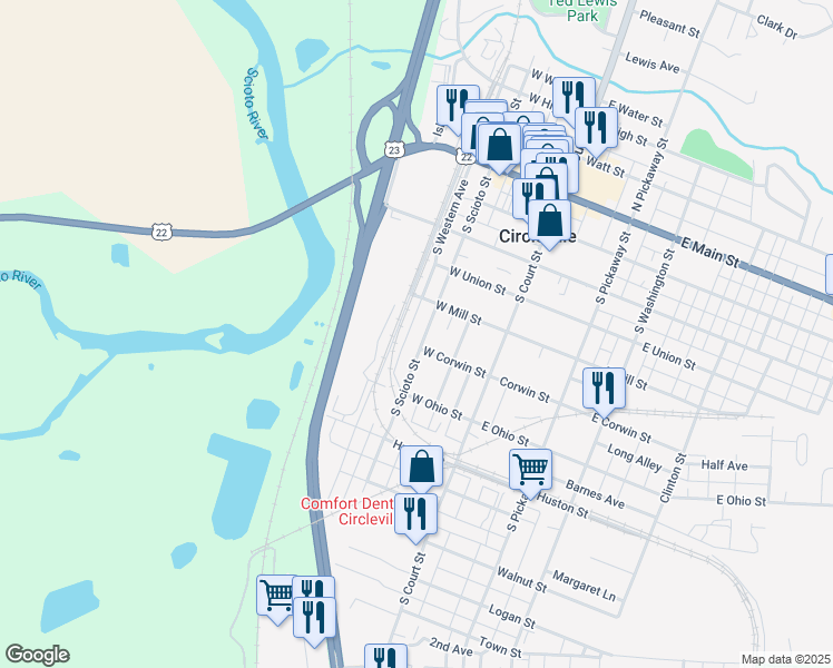 map of restaurants, bars, coffee shops, grocery stores, and more near 215 West Corwin Street in Circleville