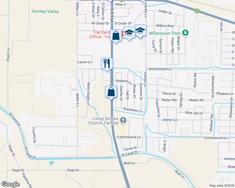 map of restaurants, bars, coffee shops, grocery stores, and more near 725 Sunny Lane in Fernley