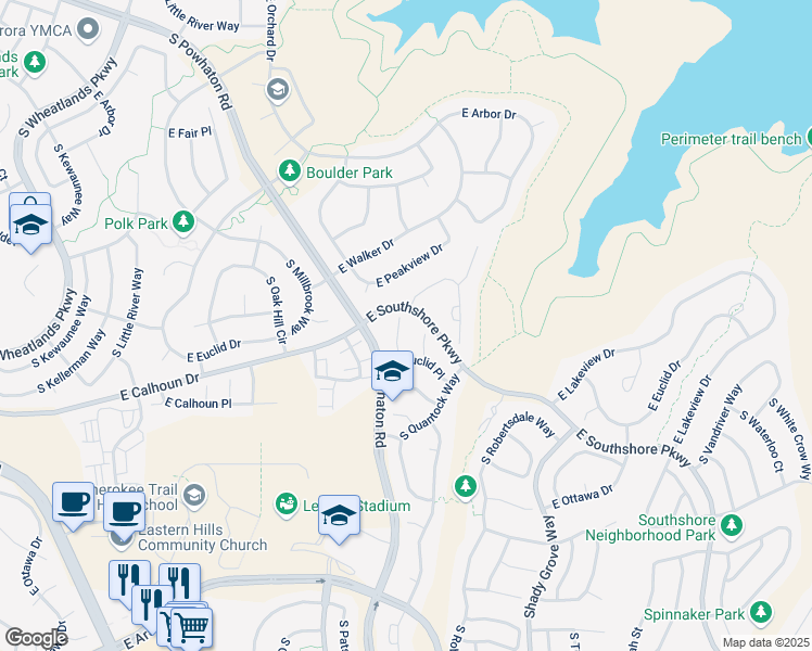 map of restaurants, bars, coffee shops, grocery stores, and more near 6542 South Queensburg Court in Aurora
