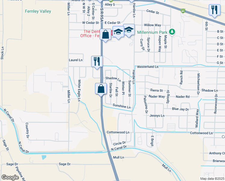 map of restaurants, bars, coffee shops, grocery stores, and more near 725 Starlite Drive in Fernley