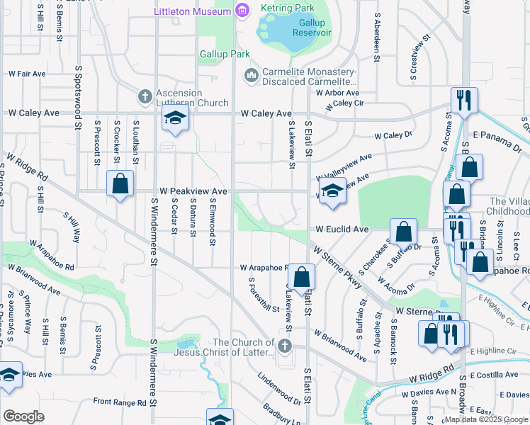 map of restaurants, bars, coffee shops, grocery stores, and more near 926 West Peakview Avenue in Littleton