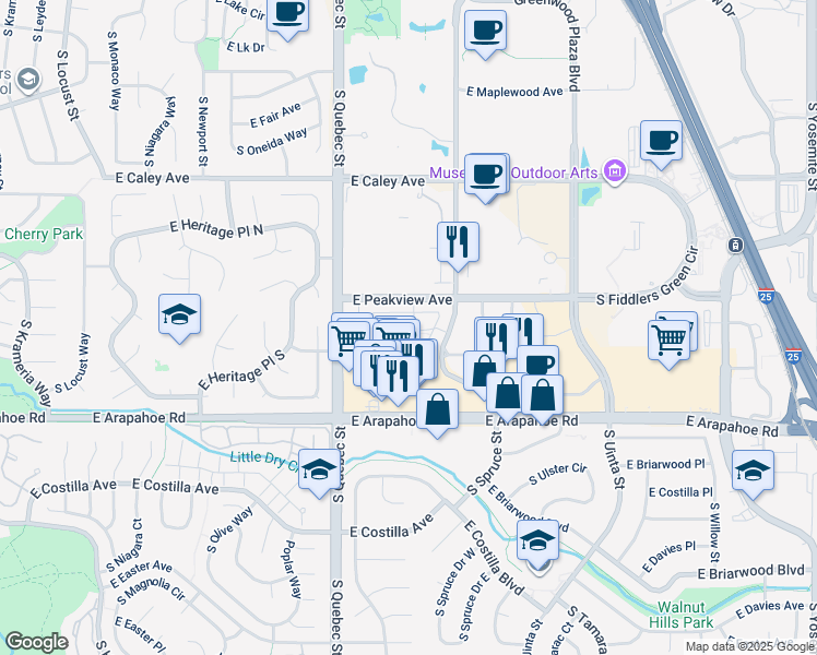 map of restaurants, bars, coffee shops, grocery stores, and more near 6565 South Syracuse Way in Centennial