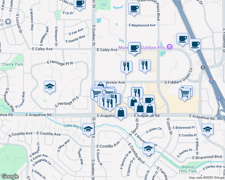map of restaurants, bars, coffee shops, grocery stores, and more near 6565 South Syracuse Way in Centennial