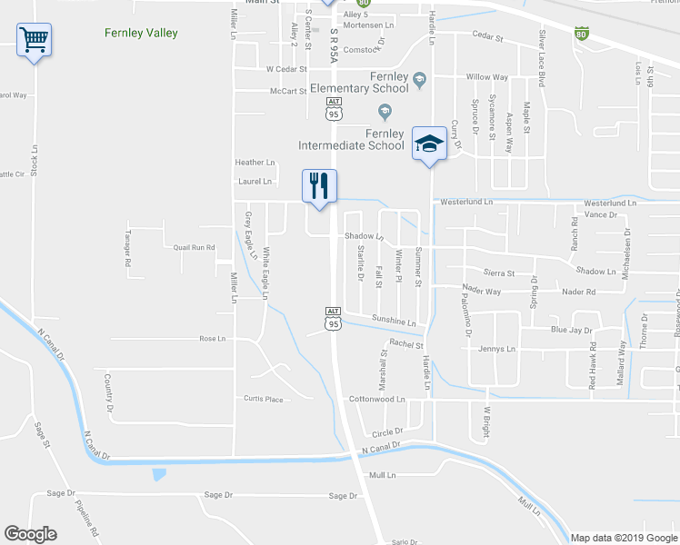 map of restaurants, bars, coffee shops, grocery stores, and more near 660 Sunny Lane in Fernley