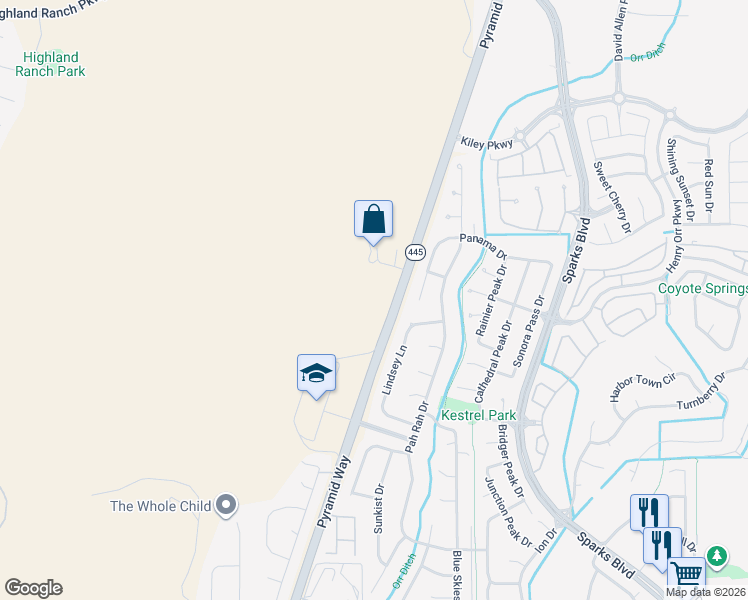 map of restaurants, bars, coffee shops, grocery stores, and more near 5625 Pyramid Way in Sparks