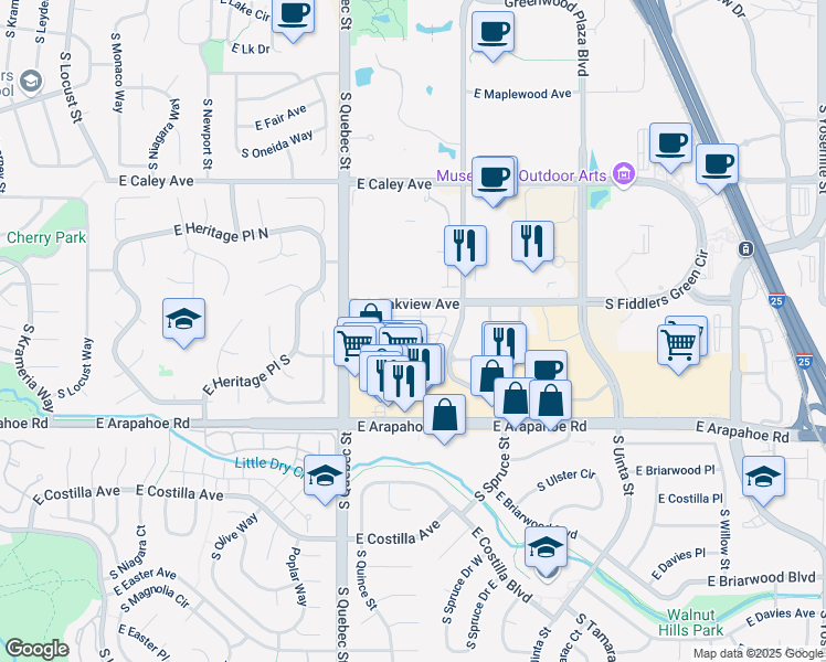 map of restaurants, bars, coffee shops, grocery stores, and more near 6565 South Syracuse Way in Centennial