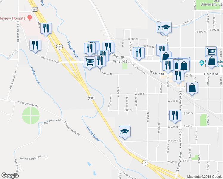 map of restaurants, bars, coffee shops, grocery stores, and more near 610 West Price River Drive in Price