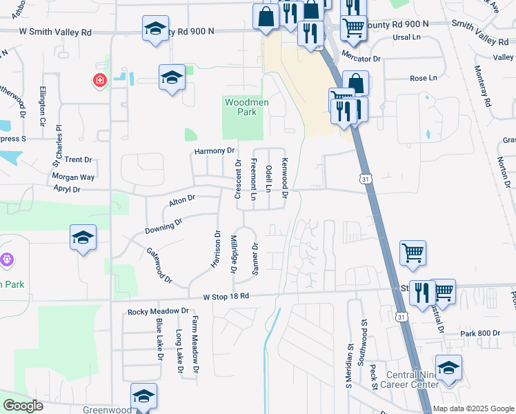 map of restaurants, bars, coffee shops, grocery stores, and more near 1310 Freemont Lane in Greenwood