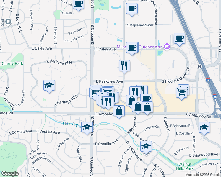 map of restaurants, bars, coffee shops, grocery stores, and more near 6565 South Syracuse Way in Centennial