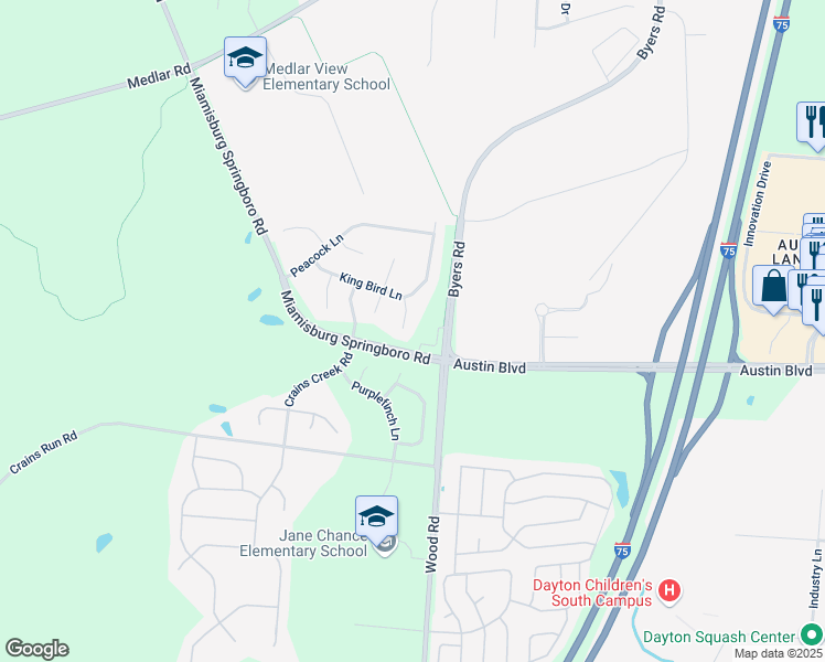 map of restaurants, bars, coffee shops, grocery stores, and more near 10024 Oriole Court in Miamisburg