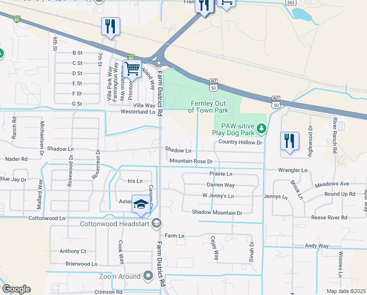 map of restaurants, bars, coffee shops, grocery stores, and more near 1170 Shadow Lane in Fernley
