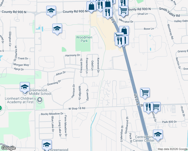 map of restaurants, bars, coffee shops, grocery stores, and more near 1331 Odell Lane in Greenwood