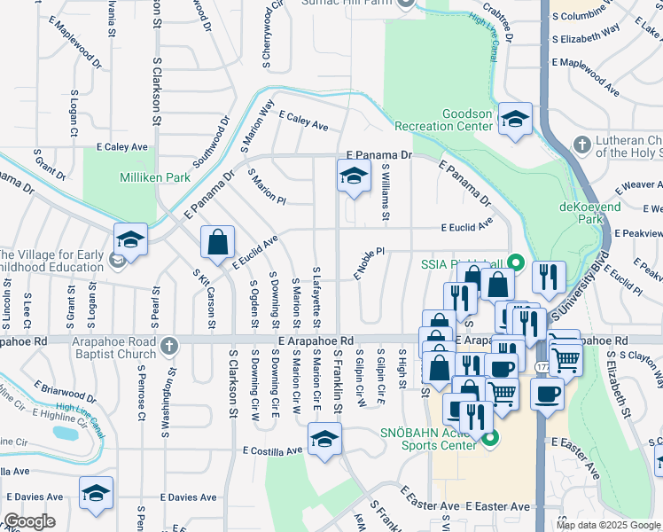 map of restaurants, bars, coffee shops, grocery stores, and more near 6544 South Franklin Street in Centennial