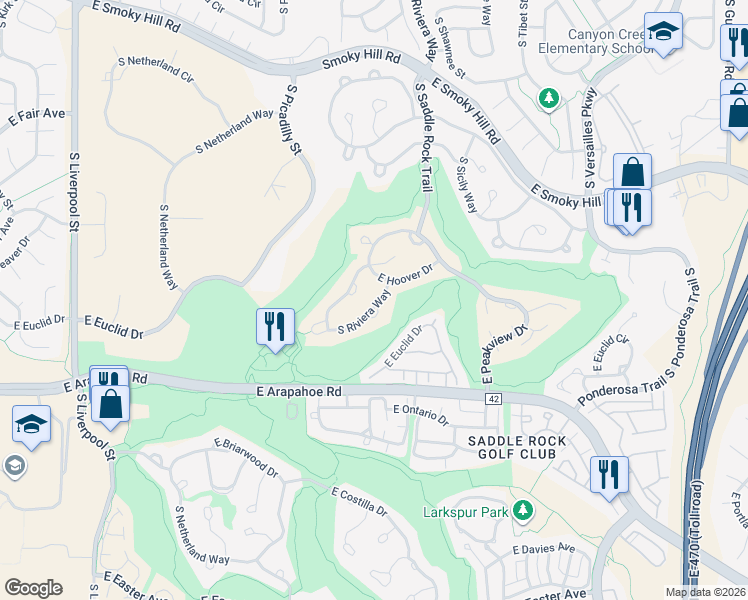 map of restaurants, bars, coffee shops, grocery stores, and more near 22046 East Hoover Drive in Aurora