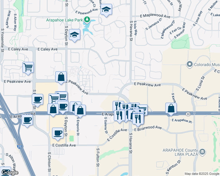 map of restaurants, bars, coffee shops, grocery stores, and more near 6483 East Peakview Avenue in Englewood