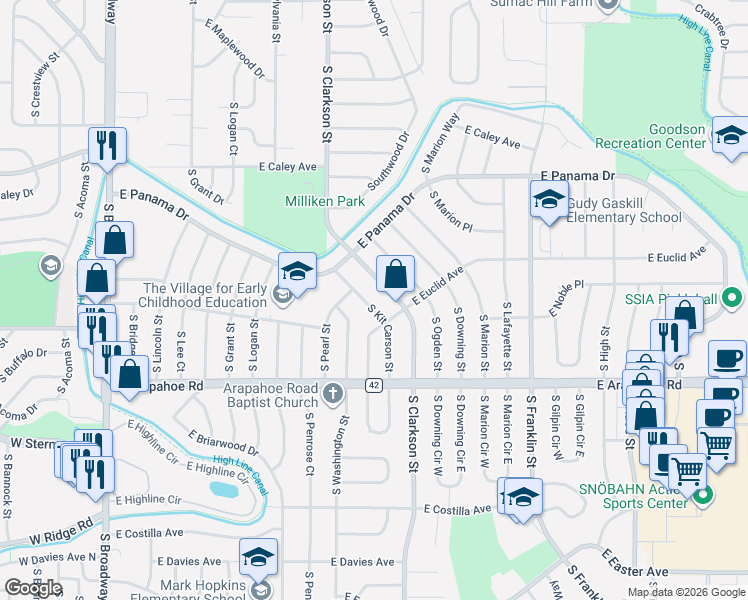 map of restaurants, bars, coffee shops, grocery stores, and more near 6536 South Kit Carson Street in Centennial