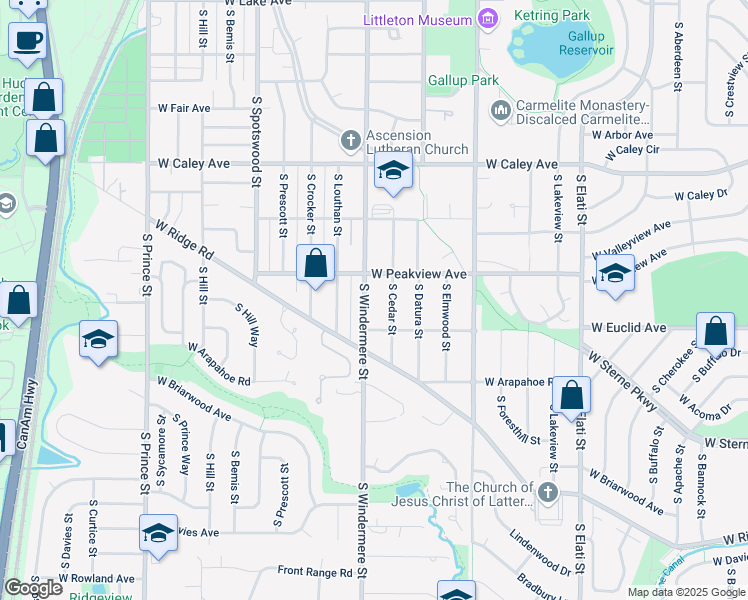 map of restaurants, bars, coffee shops, grocery stores, and more near 6511 South Cedar Street in Littleton