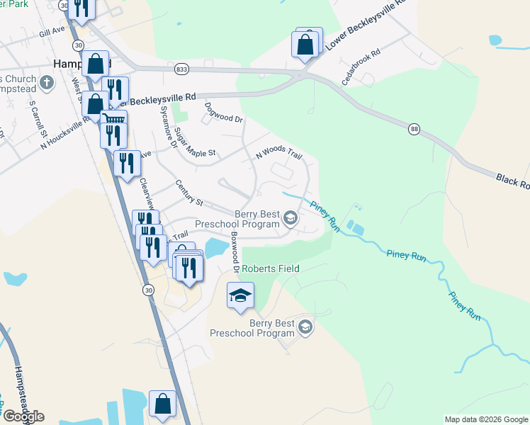 map of restaurants, bars, coffee shops, grocery stores, and more near 4470 Woodsman Drive in Hampstead
