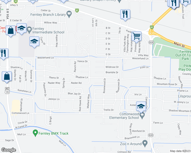 map of restaurants, bars, coffee shops, grocery stores, and more near 704 Shadow Lane in Fernley
