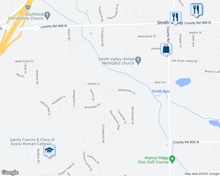 map of restaurants, bars, coffee shops, grocery stores, and more near 1281 Ivory Court in Greenwood