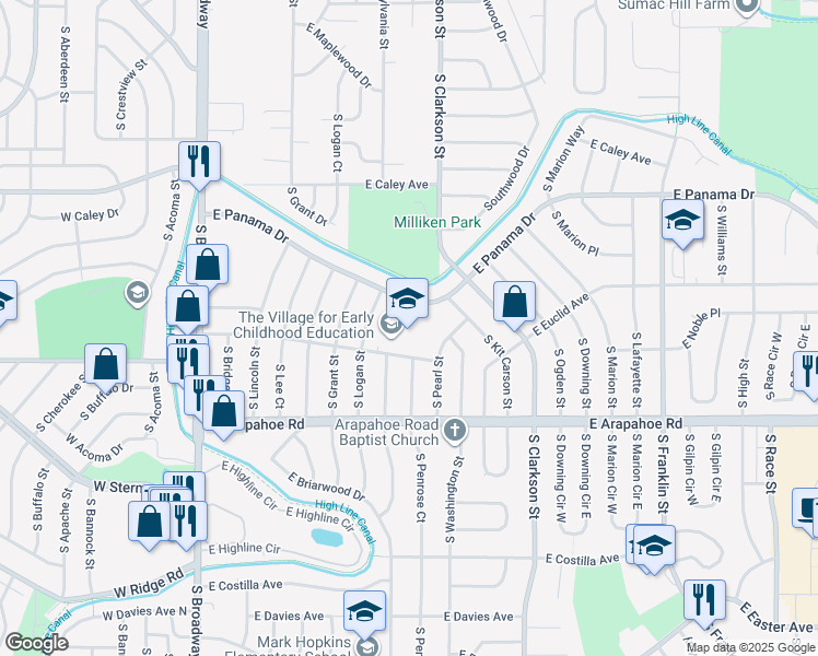 map of restaurants, bars, coffee shops, grocery stores, and more near 711 East Euclid Avenue in Littleton