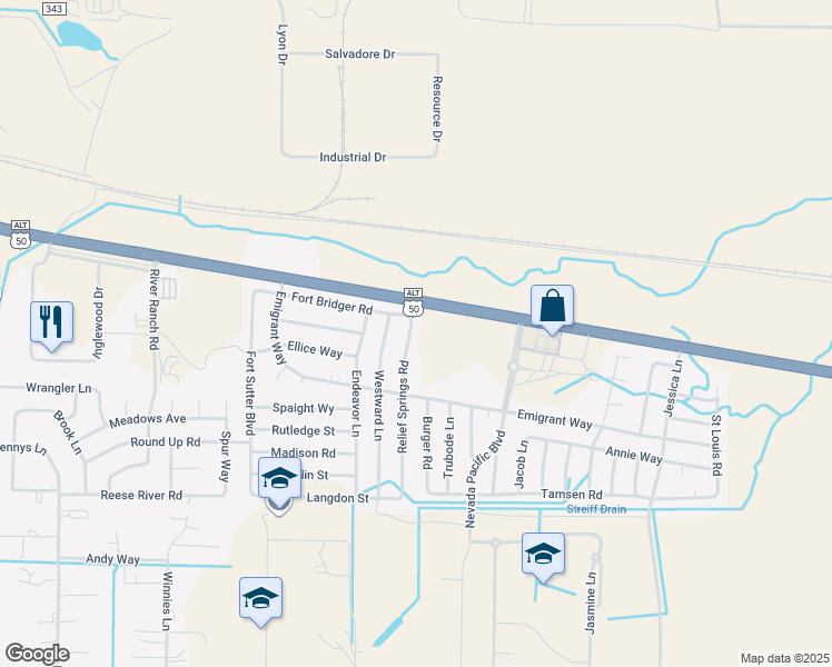 map of restaurants, bars, coffee shops, grocery stores, and more near 105 Relief Springs Road in Fernley