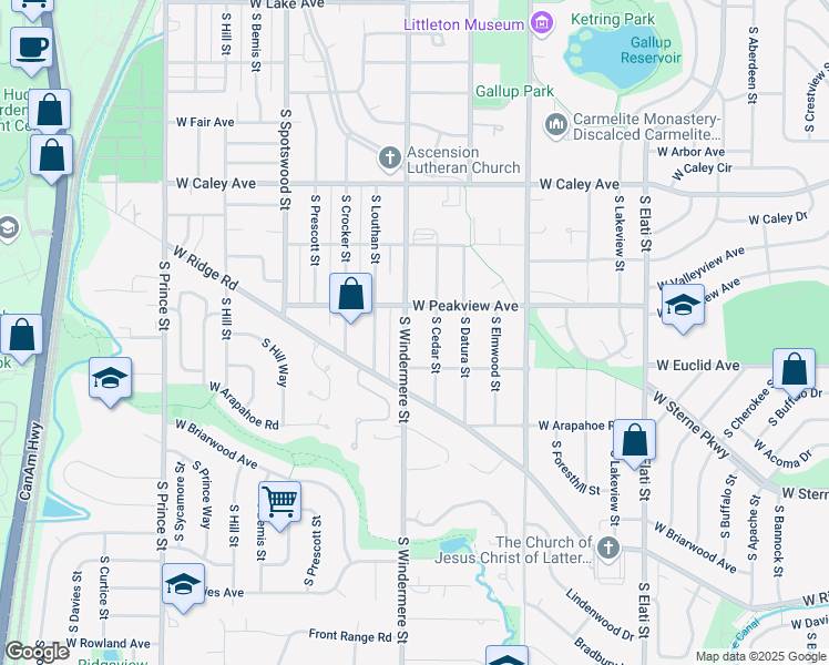 map of restaurants, bars, coffee shops, grocery stores, and more near 6511 South Cedar Street in Littleton