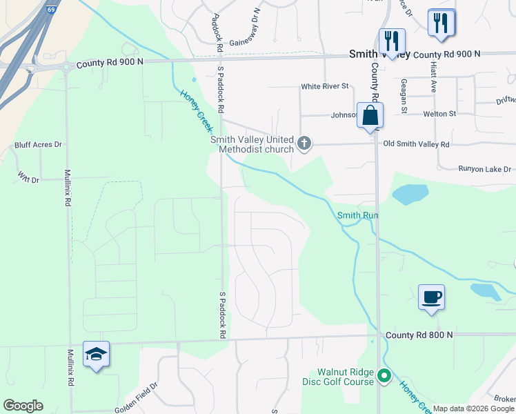 map of restaurants, bars, coffee shops, grocery stores, and more near 5404 Misthaven Lane in Greenwood