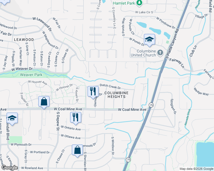 map of restaurants, bars, coffee shops, grocery stores, and more near Dutch Creek Drive in Littleton