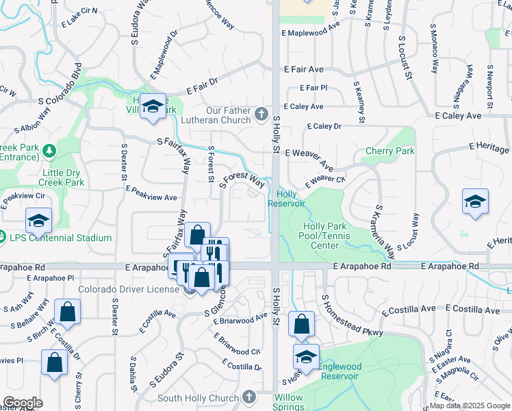 map of restaurants, bars, coffee shops, grocery stores, and more near 5589 East Peakview Avenue in Centennial
