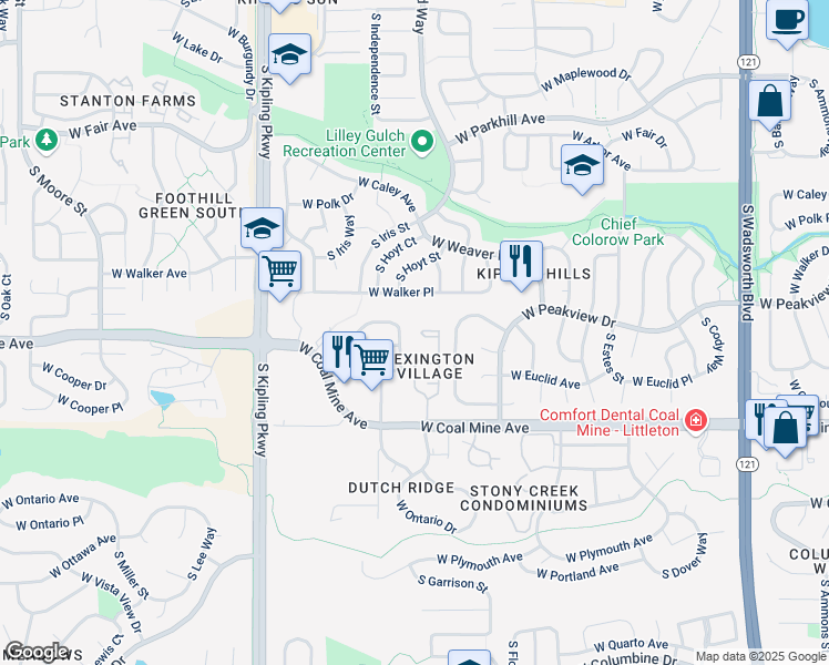 map of restaurants, bars, coffee shops, grocery stores, and more near 9505 West Coal Mine Avenue in Littleton
