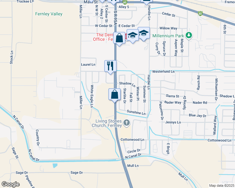 map of restaurants, bars, coffee shops, grocery stores, and more near 660 Sunny Lane in Fernley