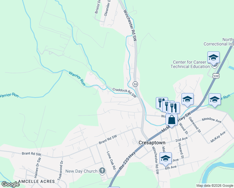 map of restaurants, bars, coffee shops, grocery stores, and more near 13517 Nee Weaver Avenue in Cresaptown