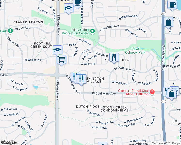 map of restaurants, bars, coffee shops, grocery stores, and more near 9505 West Coal Mine Avenue in Littleton