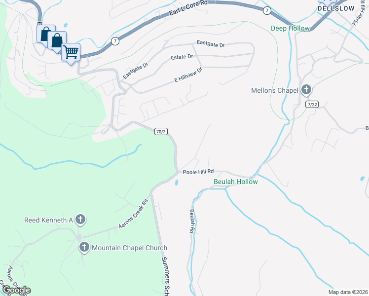 map of restaurants, bars, coffee shops, grocery stores, and more near 577 Summers School Road in Morgantown