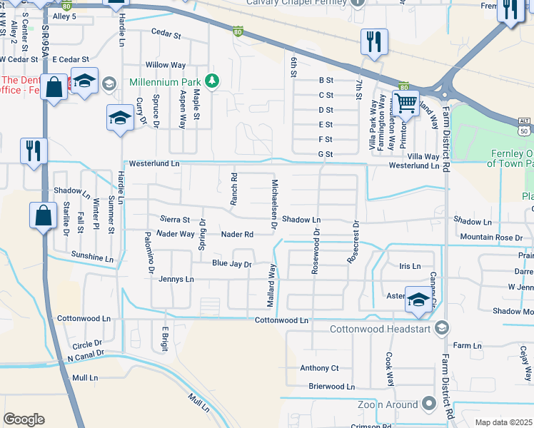 map of restaurants, bars, coffee shops, grocery stores, and more near 620 Shadow Lane in Fernley