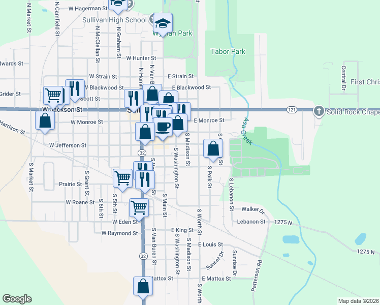 map of restaurants, bars, coffee shops, grocery stores, and more near 213 East Jefferson Street in Sullivan