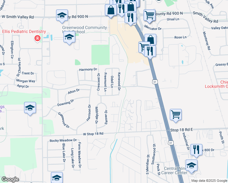 map of restaurants, bars, coffee shops, grocery stores, and more near 1327 Odell Lane in Greenwood