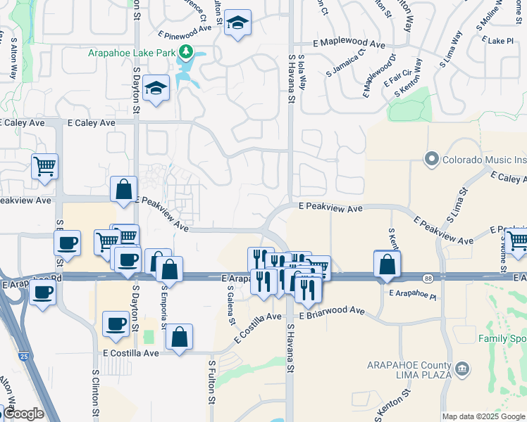 map of restaurants, bars, coffee shops, grocery stores, and more near 6437 South Havana Street in Englewood
