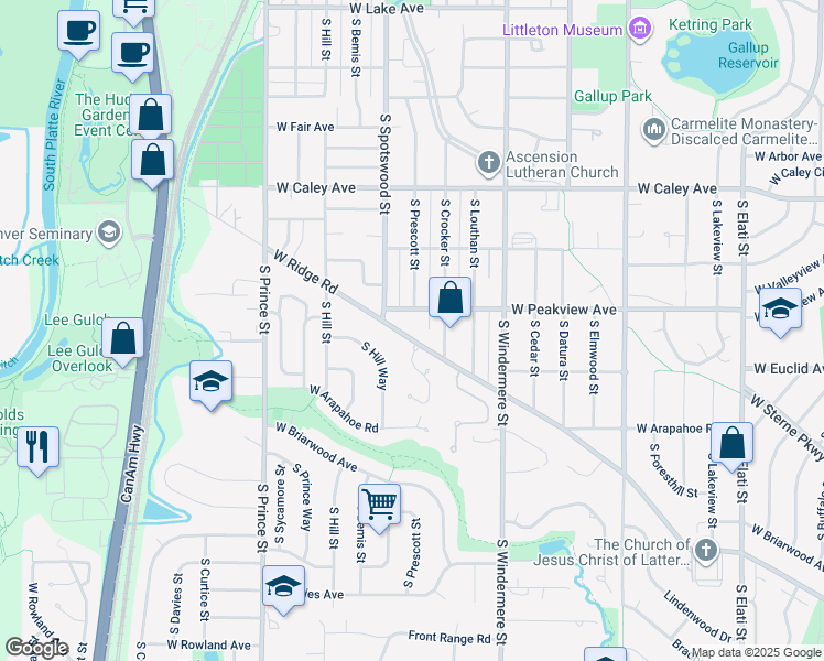 map of restaurants, bars, coffee shops, grocery stores, and more near 1916 West Peakview Avenue in Littleton