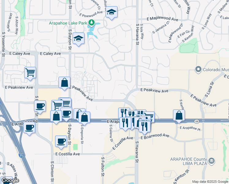 map of restaurants, bars, coffee shops, grocery stores, and more near 10263 East Peakview Avenue in Englewood