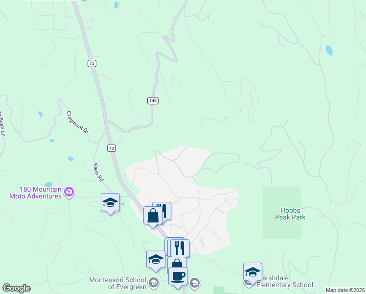 map of restaurants, bars, coffee shops, grocery stores, and more near 27267 Forest Grove Road in Evergreen