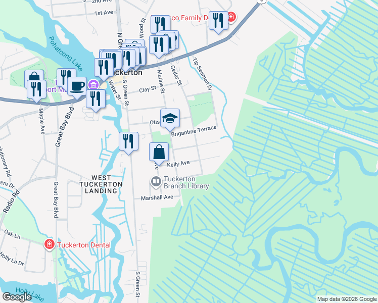 map of restaurants, bars, coffee shops, grocery stores, and more near 607 Cedar Street in Tuckerton
