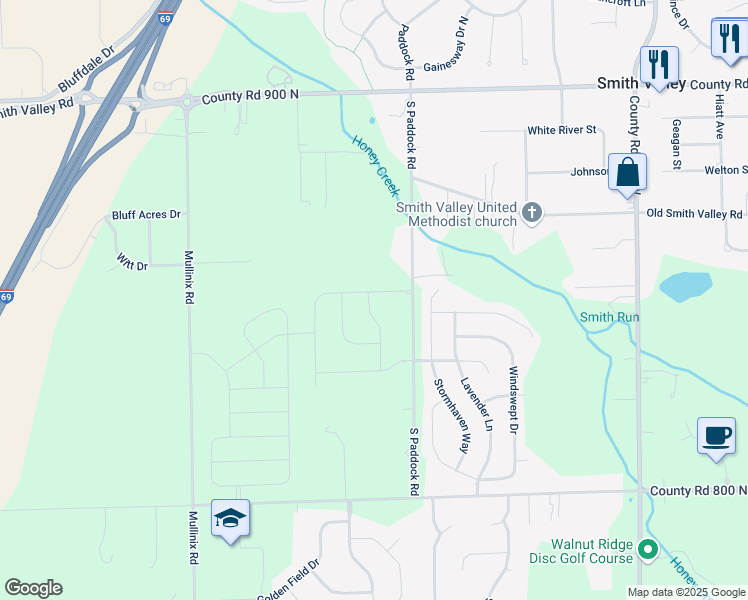 map of restaurants, bars, coffee shops, grocery stores, and more near 1100 South Paddock Road in Greenwood