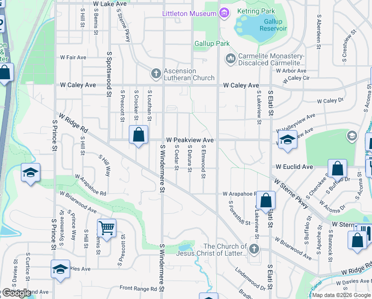 map of restaurants, bars, coffee shops, grocery stores, and more near 1390 West Peakview Avenue in Littleton