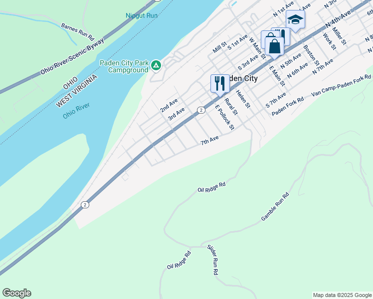 map of restaurants, bars, coffee shops, grocery stores, and more near 123 E Madison St in Paden City