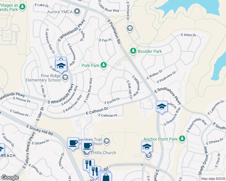 map of restaurants, bars, coffee shops, grocery stores, and more near 6408 South Oak Hill Circle in Aurora